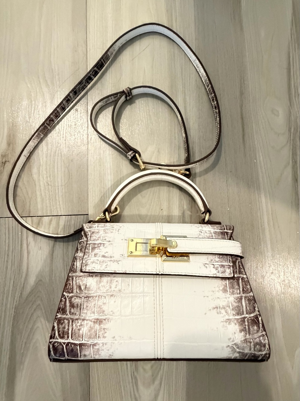 JW PEI White and Brown Croc-Embossed Mini Top-Handle Bag